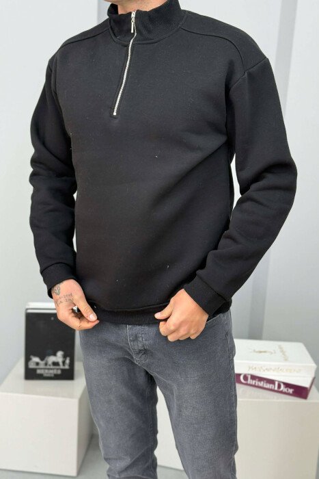 ZIPPER NECK FLUFFY MEN SWEATSHIRT BLACK/ E ZEZE - KLAUDIO FASHION