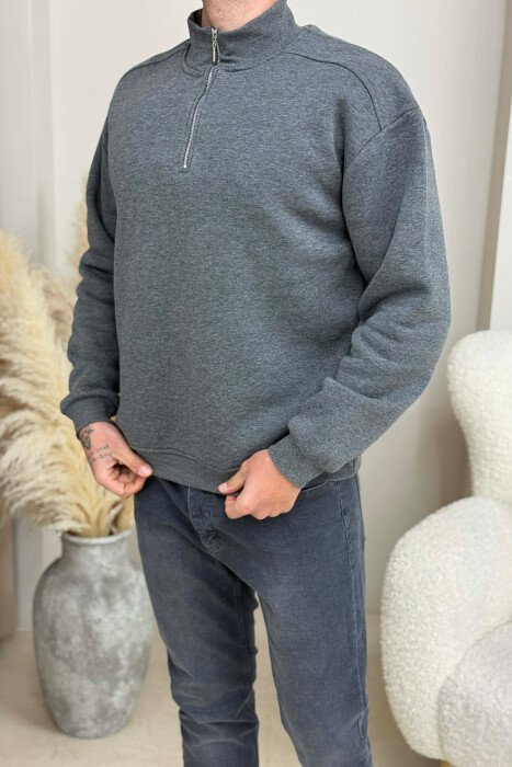 ZIPPER NECK FLUFFY MEN SWEATSHIRT DARK GREY/GEE - KLAUDIO FASHION
