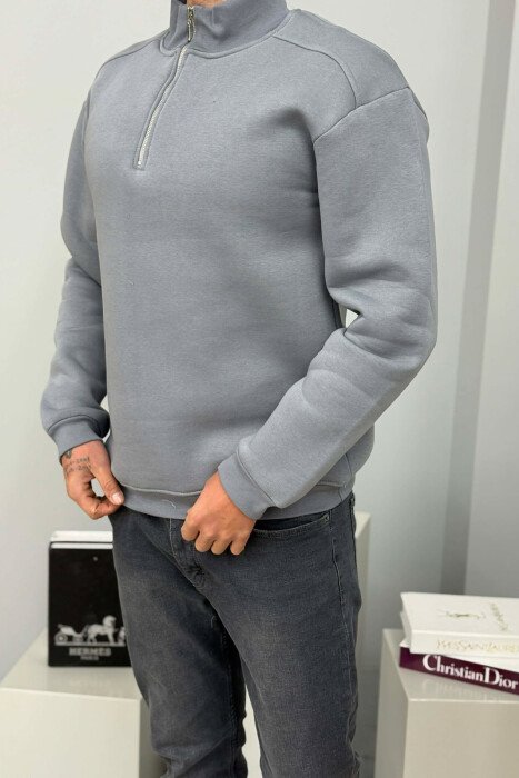 ZIPPER NECK FLUFFY MEN SWEATSHIRT GREY/GRI - KLAUDIO FASHION