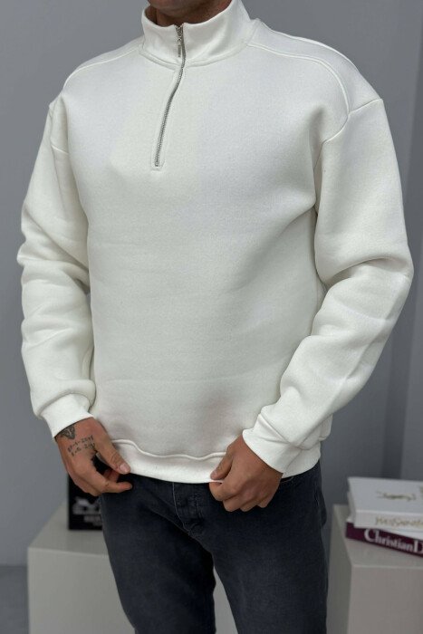 ZIPPER NECK FLUFFY MEN SWEATSHIRT WHITE-E BARDHE - KLAUDIO FASHION