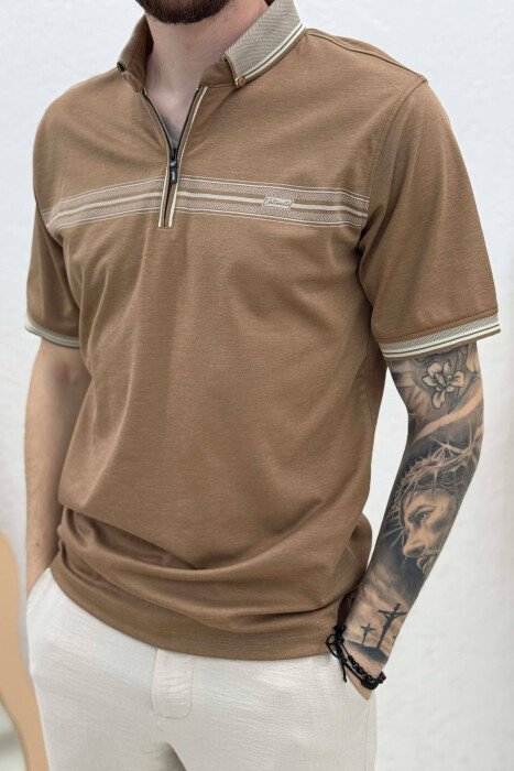 ZIPPER NECK MEN T-SHIRT LIGHT BROWN/KAZB - 4