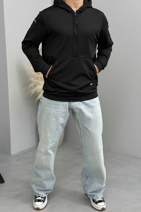 ZIPPER NECK ONE COLOR MEN HOODIE BLACK/ E ZEZE - 2