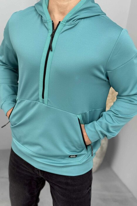 ZIPPER NECK ONE COLOR MEN HOODIE BLUE STONE/GK - 1