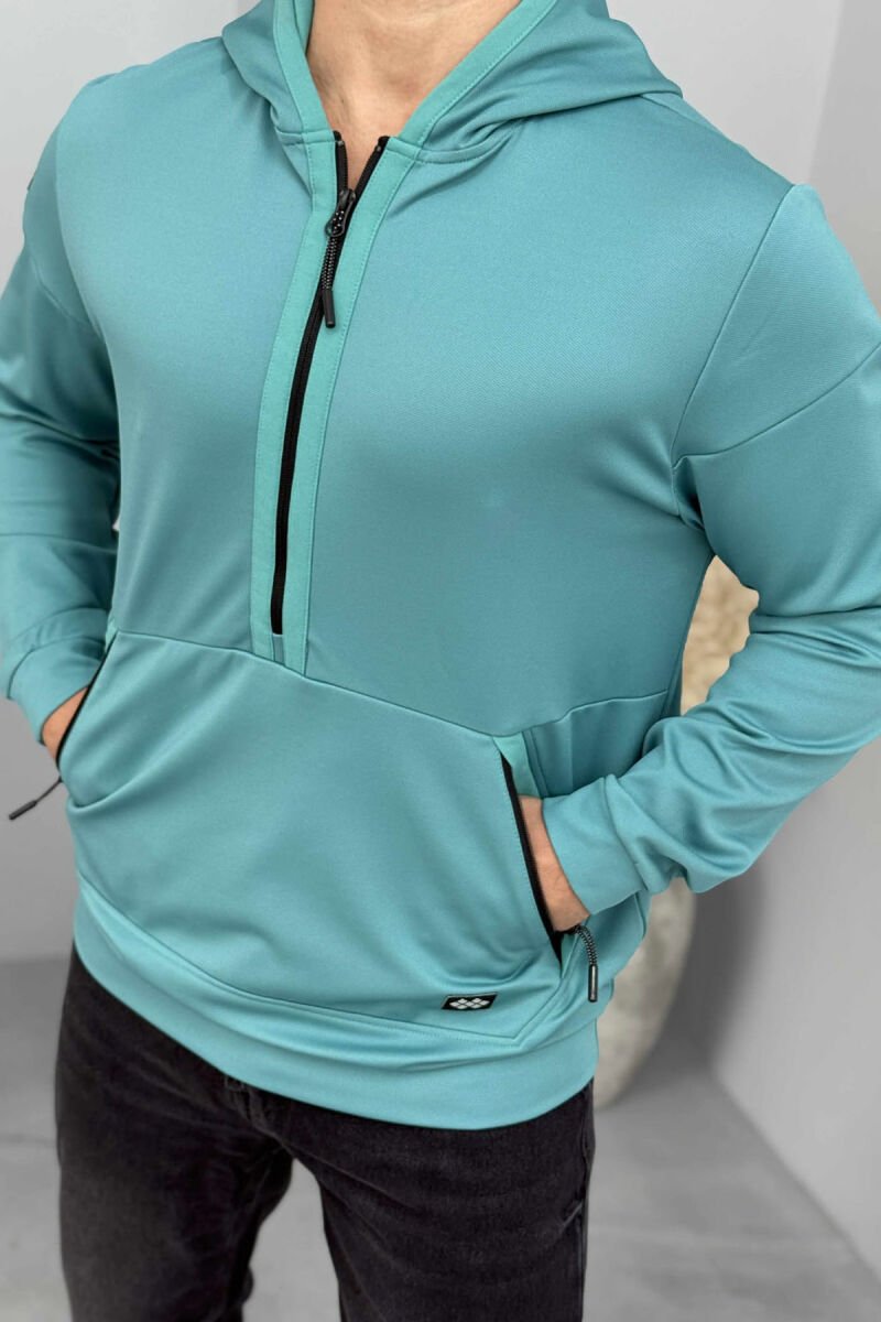 ZIPPER NECK ONE COLOR MEN HOODIE BLUE STONE/GK - 1