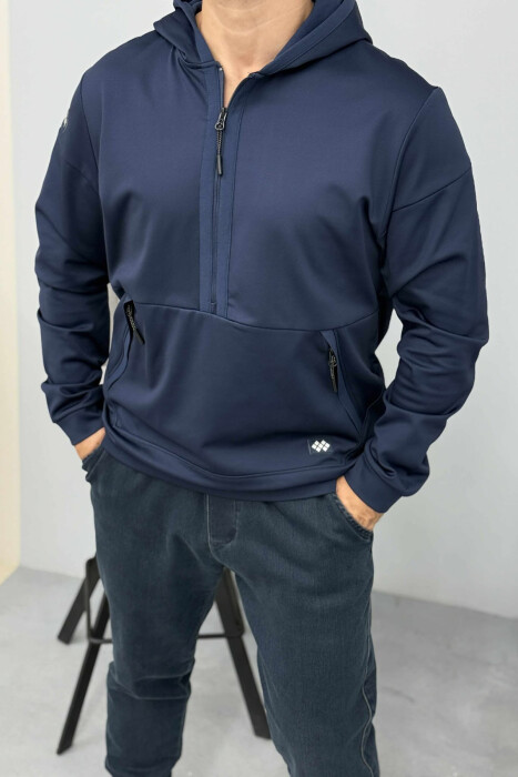 ZIPPER NECK ONE COLOR MEN HOODIE DARK BLUE/BEE - KLAUDIO FASHION
