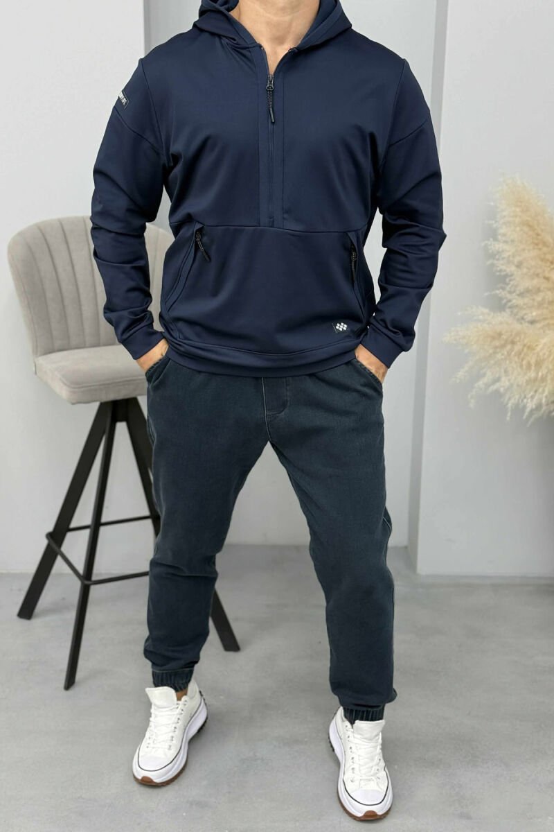 ZIPPER NECK ONE COLOR MEN HOODIE DARK BLUE/BEE - 2