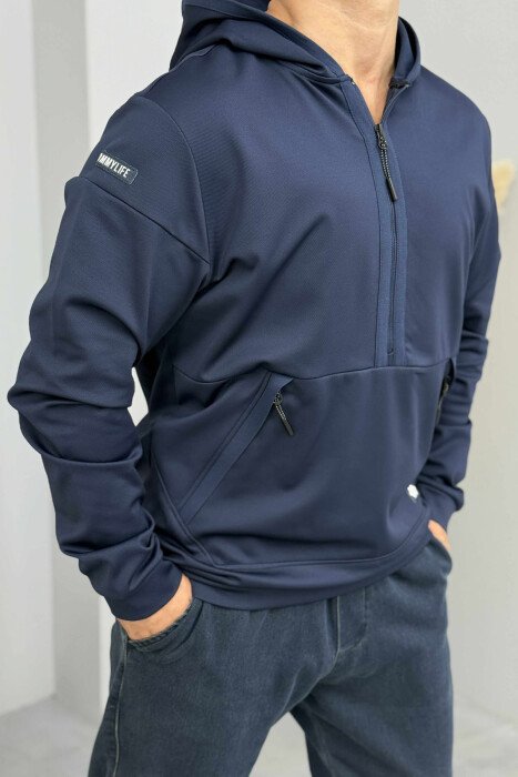 ZIPPER NECK ONE COLOR MEN HOODIE DARK BLUE/BEE - 4