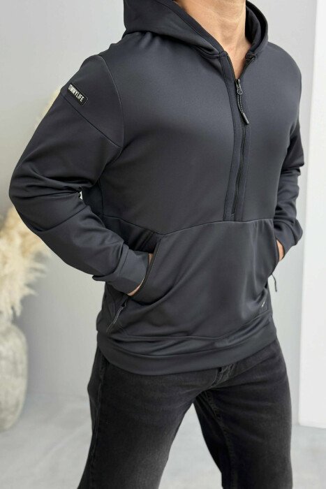 ZIPPER NECK ONE COLOR MEN HOODIE DARK GREY/GEE - 4