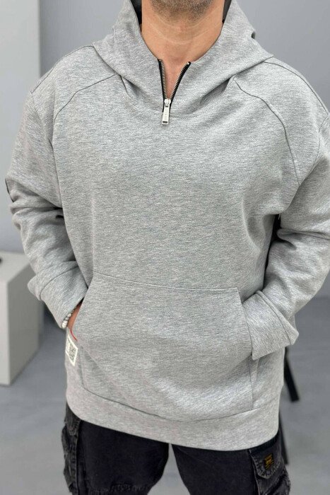 HOODIE NJË NGJYRËSHE ME JAKË ME ZINXHIR PËR MESHKUJ NË NGJYRËN GRI - KLAUDIO FASHION