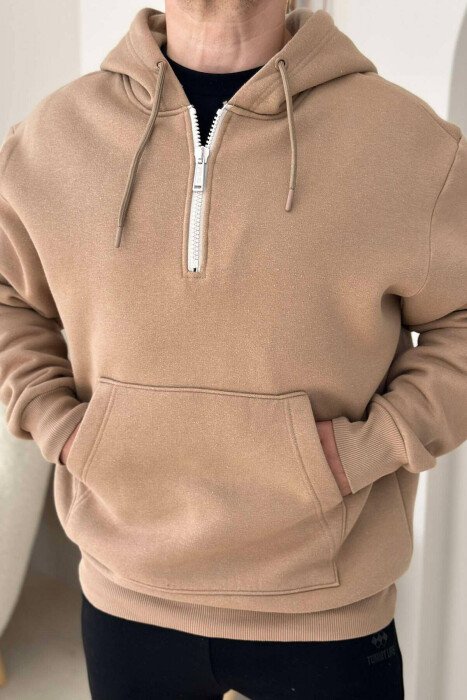 ZIPPER NECK ONE COLOR MEN HOODIE LIGHT BROWN/KAZB - KLAUDIO FASHION