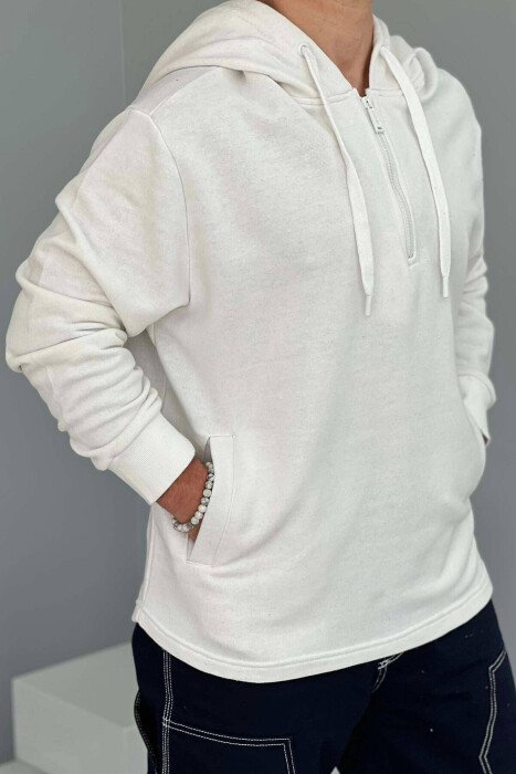ZIPPER NECK ONE COLOR MEN HOODIE WHITE-E BARDHE - KLAUDIO FASHION