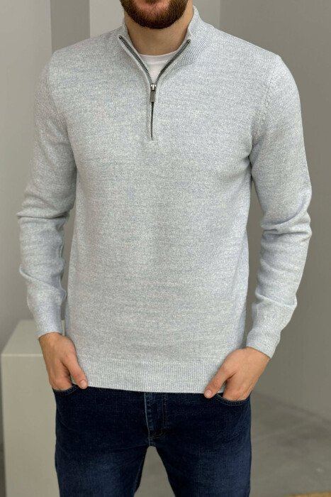 ZIPPER NECK ONE COLOR MEN SWEATER BABY BLUE/BLU BY - KLAUDIO FASHION
