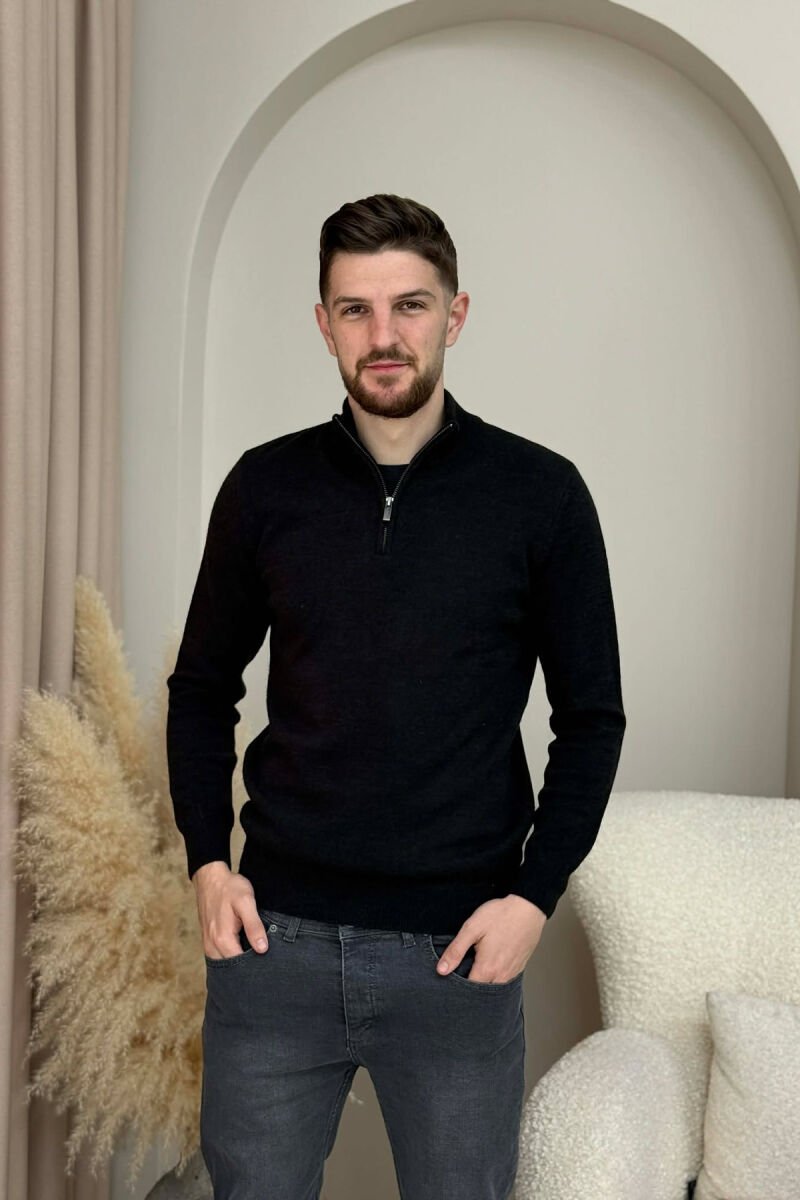 ZIPPER NECK ONE COLOR MEN SWEATER BLACK/ E ZEZE - 2