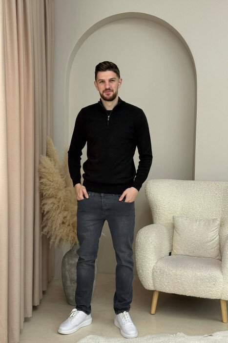 ZIPPER NECK ONE COLOR MEN SWEATER BLACK/ E ZEZE 