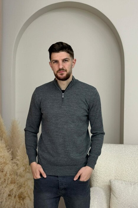 ZIPPER NECK ONE COLOR MEN SWEATER DARK GREY/GEE - 3