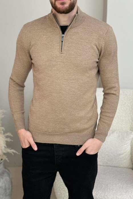 ZIPPER NECK ONE COLOR MEN SWEATER LIGHT BROWN/KAZB - 1