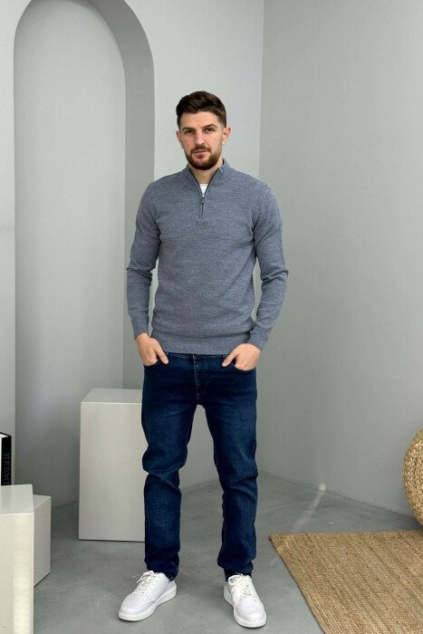 ZIPPER NECK ONE COLOR MEN SWEATER LIGHTBLUE/BZ - 1