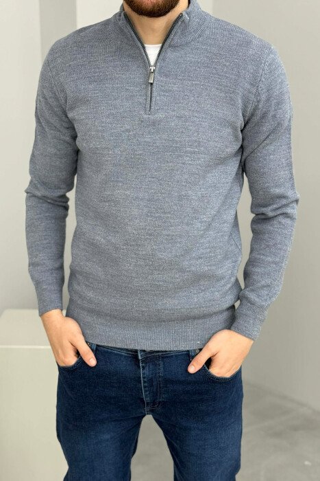 ZIPPER NECK ONE COLOR MEN SWEATER LIGHTBLUE/BZ - 3
