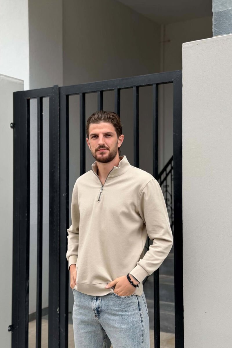 ZIPPER NECK ONE COLOR MEN SWEATSHIRT BEIGE/BEZHE - 1