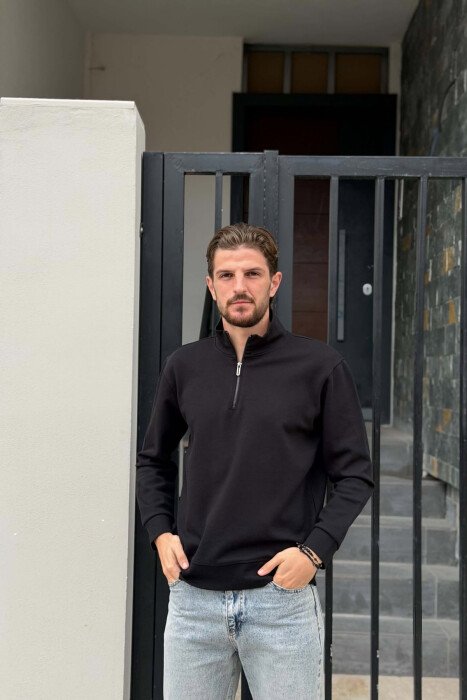 ZIPPER NECK ONE COLOR MEN SWEATSHIRT BLACK/ E ZEZE 