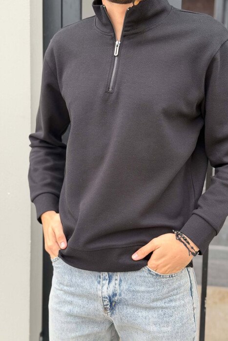 ZIPPER NECK ONE COLOR MEN SWEATSHIRT BLACK/ E ZEZE - 4