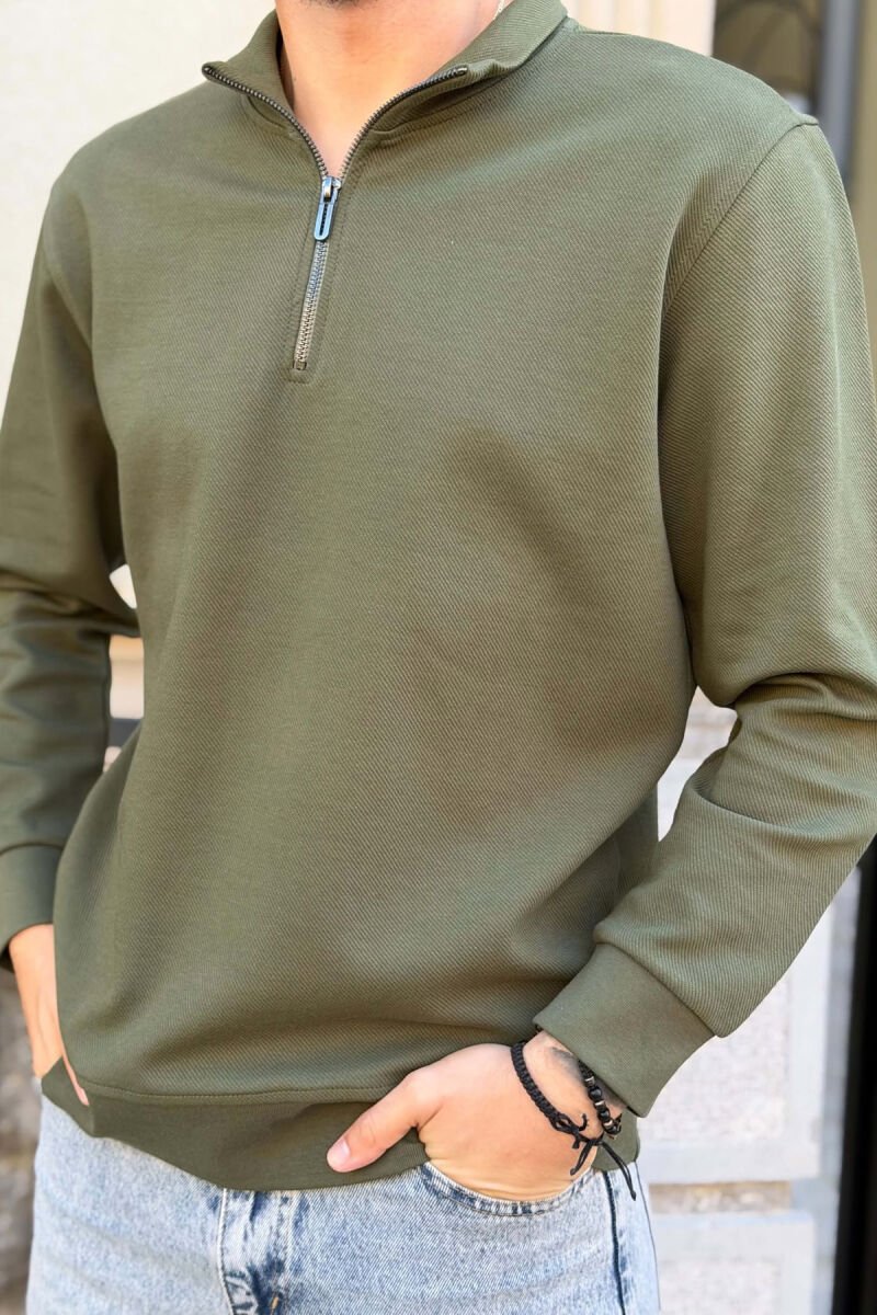 ZIPPER NECK ONE COLOR MEN SWEATSHIRT GREEN/JESHILE - 2