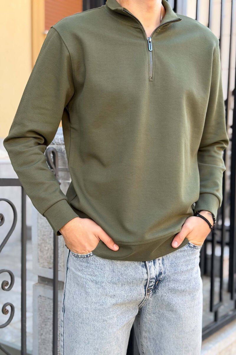ZIPPER NECK ONE COLOR MEN SWEATSHIRT GREEN/JESHILE - 4