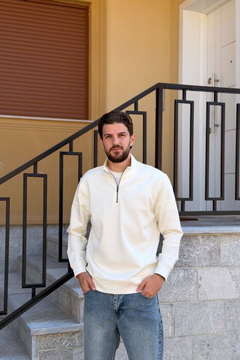 ZIPPER NECK ONE COLOR MEN SWEATSHIRT WHITE-E BARDHE - KLAUDIO FASHION