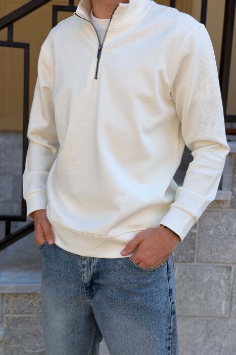 ZIPPER NECK ONE COLOR MEN SWEATSHIRT WHITE-E BARDHE - 2
