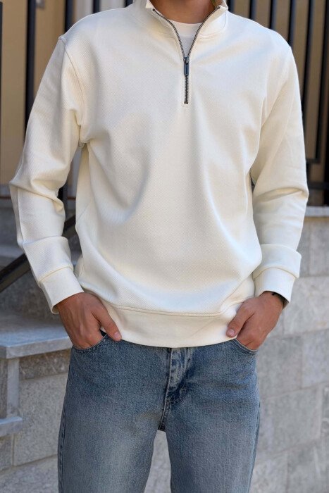 ZIPPER NECK ONE COLOR MEN SWEATSHIRT WHITE-E BARDHE - 4