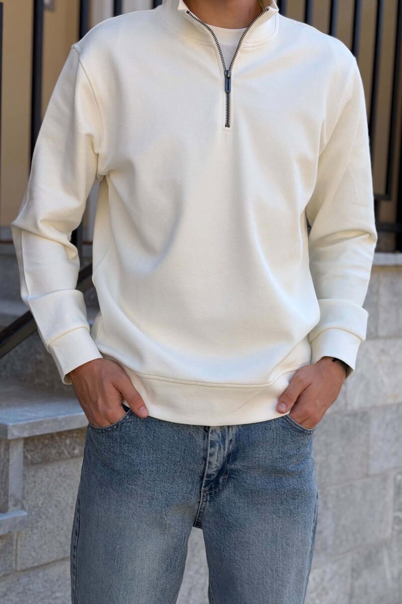 ZIPPER NECK ONE COLOR MEN SWEATSHIRT WHITE-E BARDHE - 4