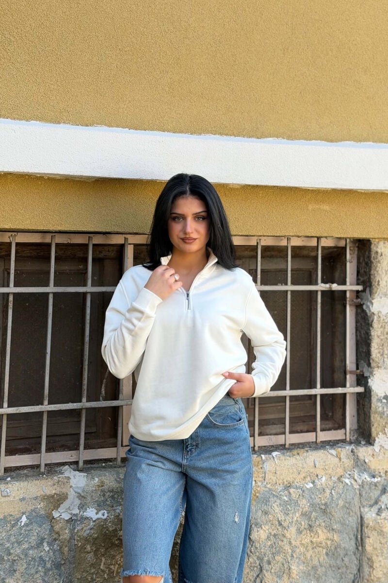 ZIPPER NECK ONE COLOR WOMEN SWEATSHIRT WHITE-E BARDHE - 1