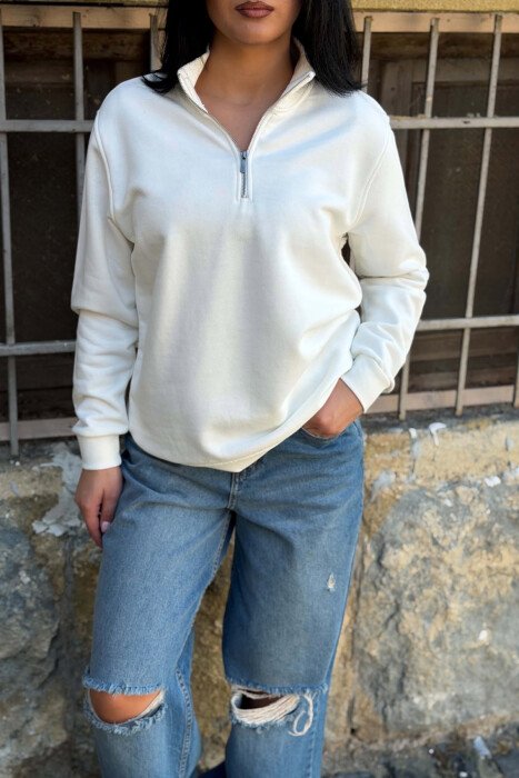 ZIPPER NECK ONE COLOR WOMEN SWEATSHIRT WHITE-E BARDHE - 5