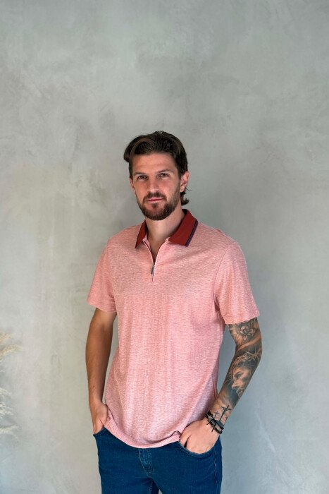 ZIPPER NECK SIMPLE MEN T-SHIRT POWDER/PUDER - KLAUDIO FASHION