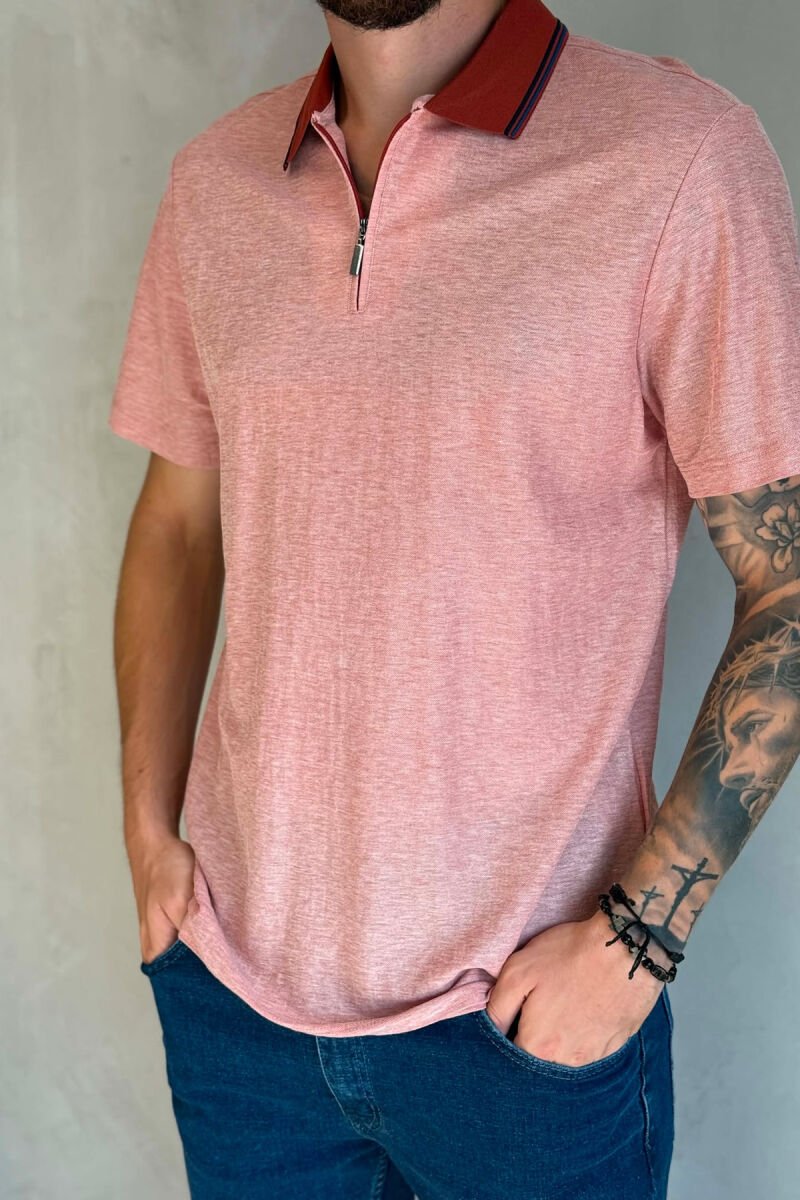 ZIPPER NECK SIMPLE MEN T-SHIRT POWDER/PUDER - 2