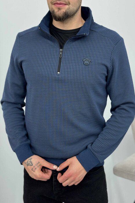 ZIPPER NECK STRIPE DESIGN MEN SWEATSHIRT BLUE/BLU - KLAUDIO FASHION