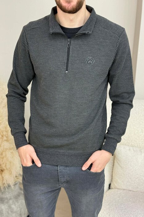 ZIPPER NECK STRIPE DESIGN MEN SWEATSHIRT DARK GREY/GEE - KLAUDIO FASHION
