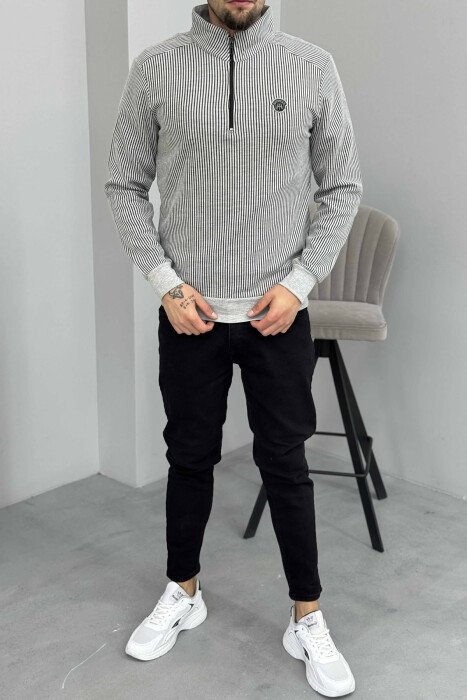 ZIPPER NECK STRIPE DESIGN MEN SWEATSHIRT LIGHT GREY/GZ - KLAUDIO FASHION