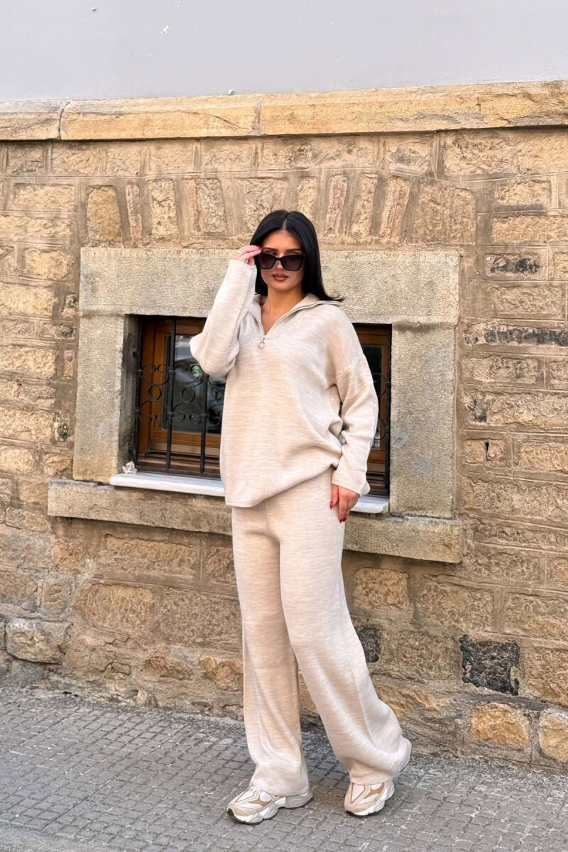 ZIPPER NECK SWEATER + TROUSERS WOMAN SET BEIGE/BEZHE - 4