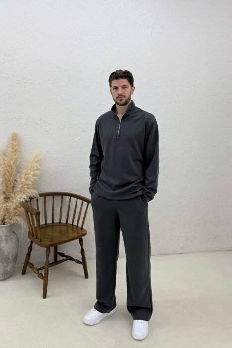 ZIPPER NECK SWEATSHIRT +SWEATPANTS MEN SET DARK GREY/GEE - KLAUDIO FASHION