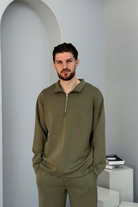 ZIPPER NECK SWEATSHIRT +SWEATPANTS MEN SET OLIVE/ULLI - 2
