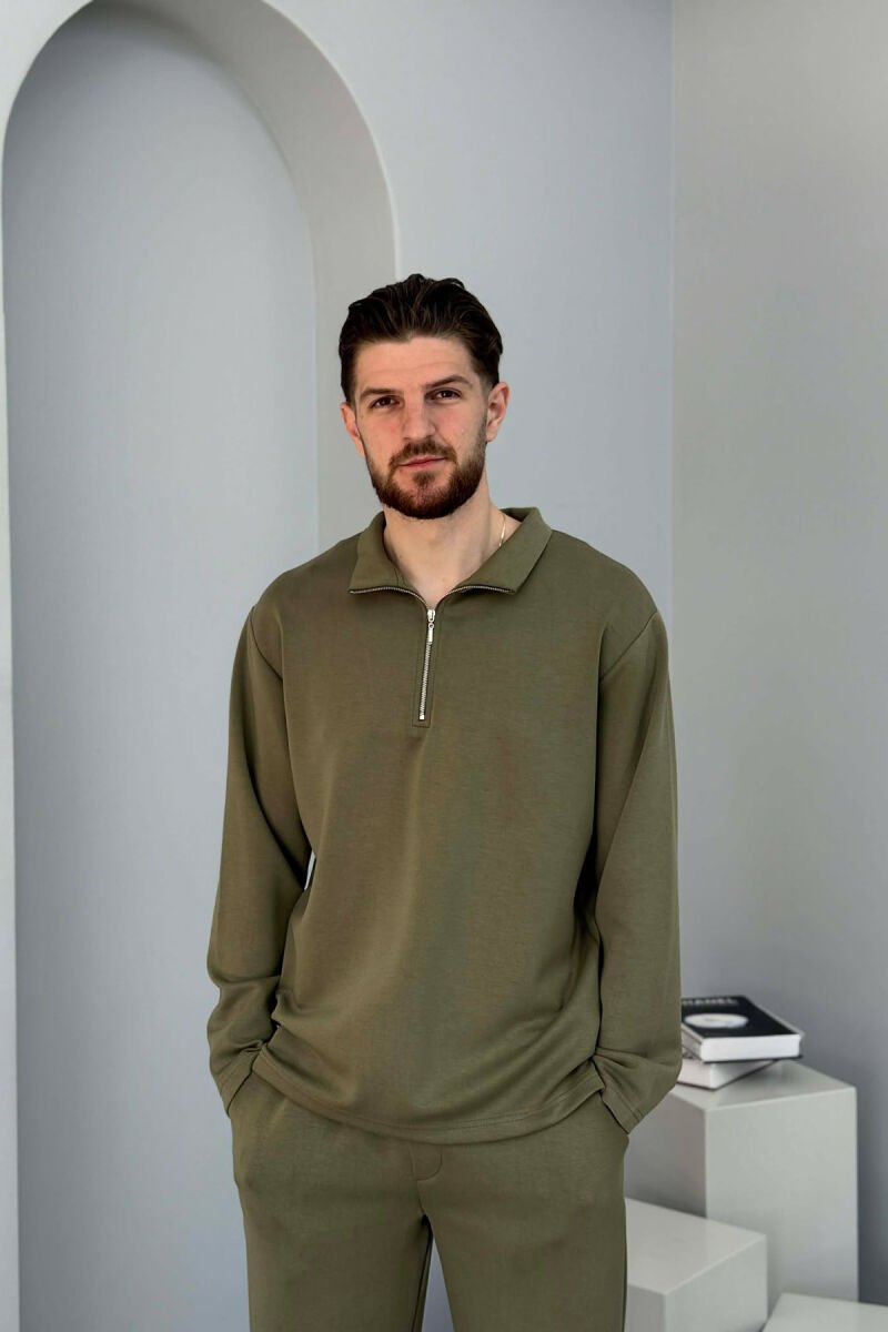 ZIPPER NECK SWEATSHIRT +SWEATPANTS MEN SET OLIVE/ULLI - 2