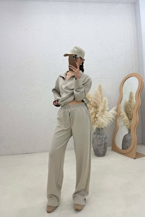 ZIPPER NECK SWEATSHIRT+ SWEATPANTS WOMEN SET BEIGE/BEZHE - KLAUDIO FASHION