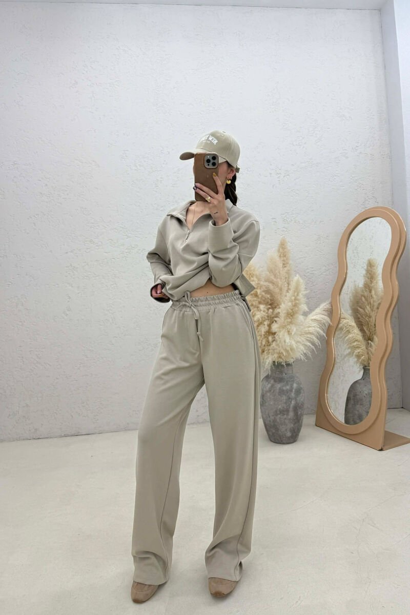 ZIPPER NECK SWEATSHIRT+ SWEATPANTS WOMEN SET BEIGE/BEZHE - 1