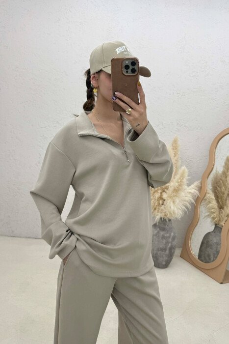 ZIPPER NECK SWEATSHIRT+ SWEATPANTS WOMEN SET BEIGE/BEZHE - 3