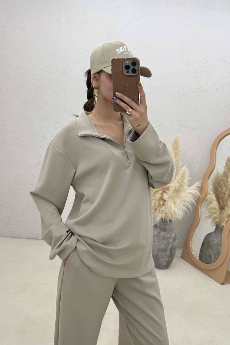 ZIPPER NECK SWEATSHIRT+ SWEATPANTS WOMEN SET BEIGE/BEZHE - 3