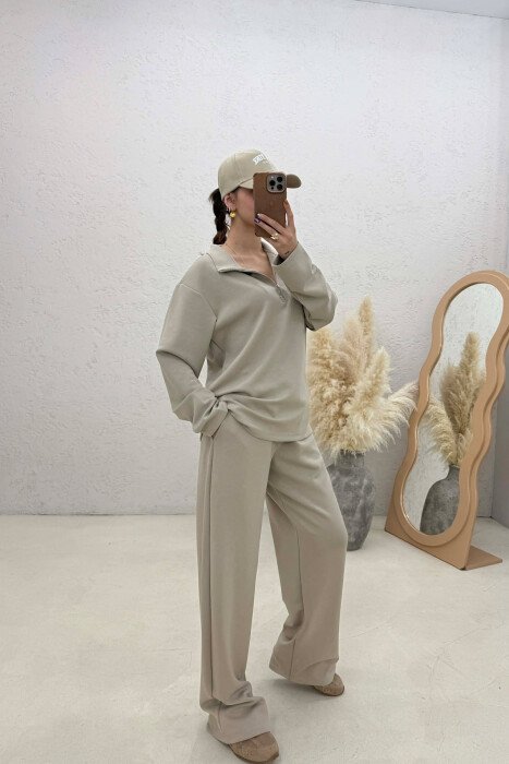 ZIPPER NECK SWEATSHIRT+ SWEATPANTS WOMEN SET BEIGE/BEZHE - 4