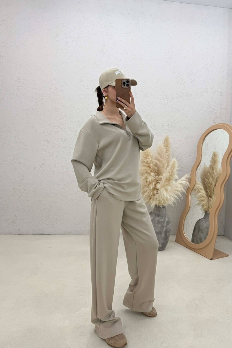 ZIPPER NECK SWEATSHIRT+ SWEATPANTS WOMEN SET BEIGE/BEZHE - 4