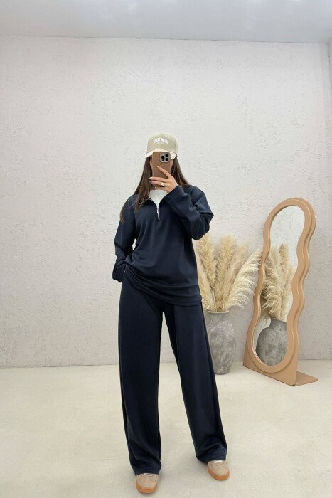 ZIPPER NECK SWEATSHIRT+ SWEATPANTS WOMEN SET DARK BLUE/BEE 