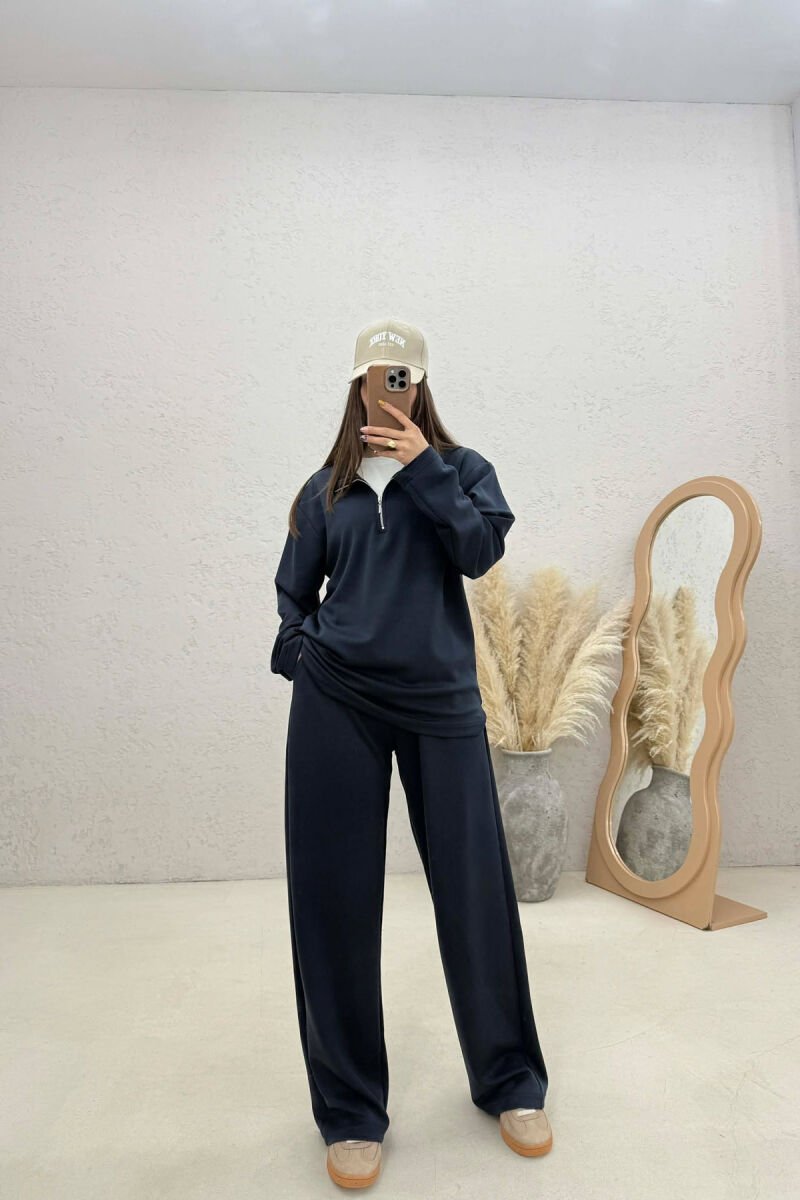 ZIPPER NECK SWEATSHIRT+ SWEATPANTS WOMEN SET DARK BLUE/BEE - 1